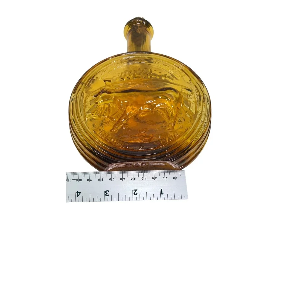 Vintage Amber Glass Bull Decanter Made in Italy Cork Stopper Round Bottle 8.5in